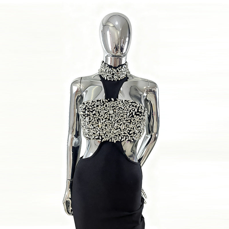Women's Ball Diamond Halter Sleeveless Black Bandage Slim Dresses