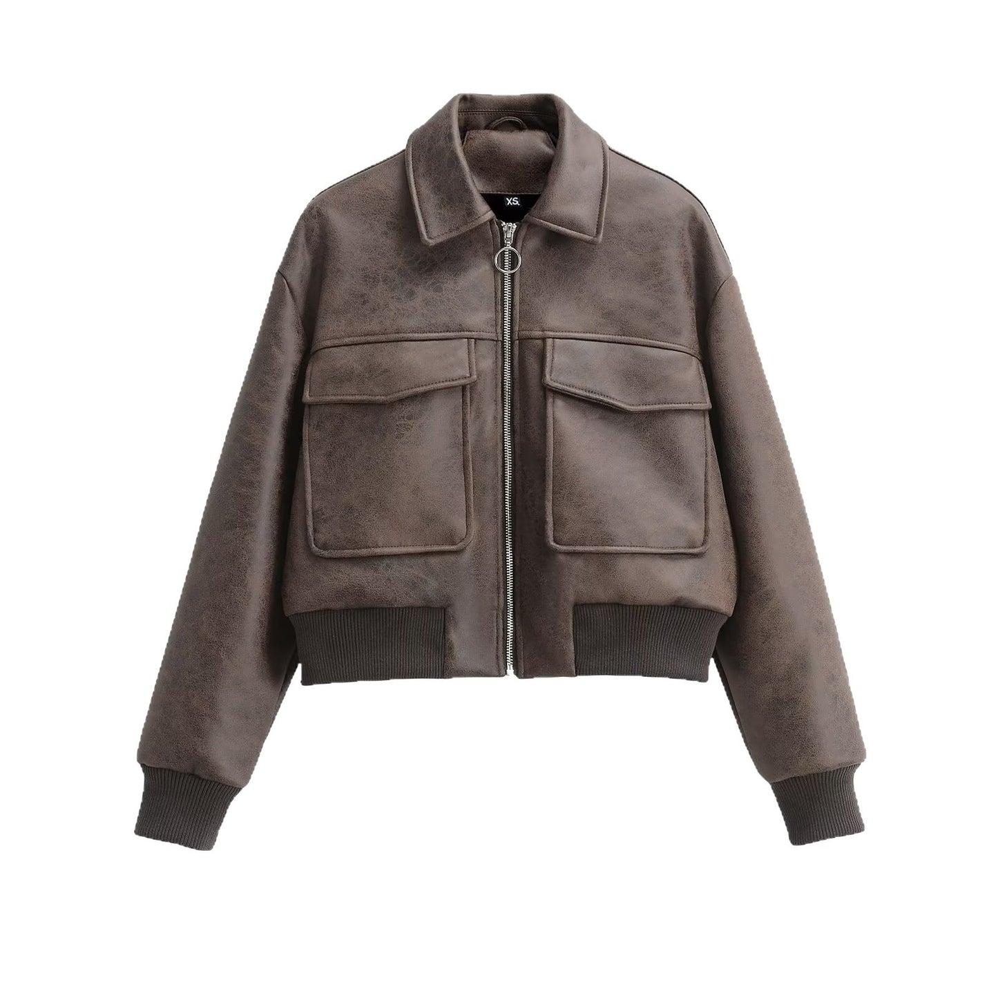 Women's Fashion Simple Faux Leather Large Mouth Pocket Decoration Jackets