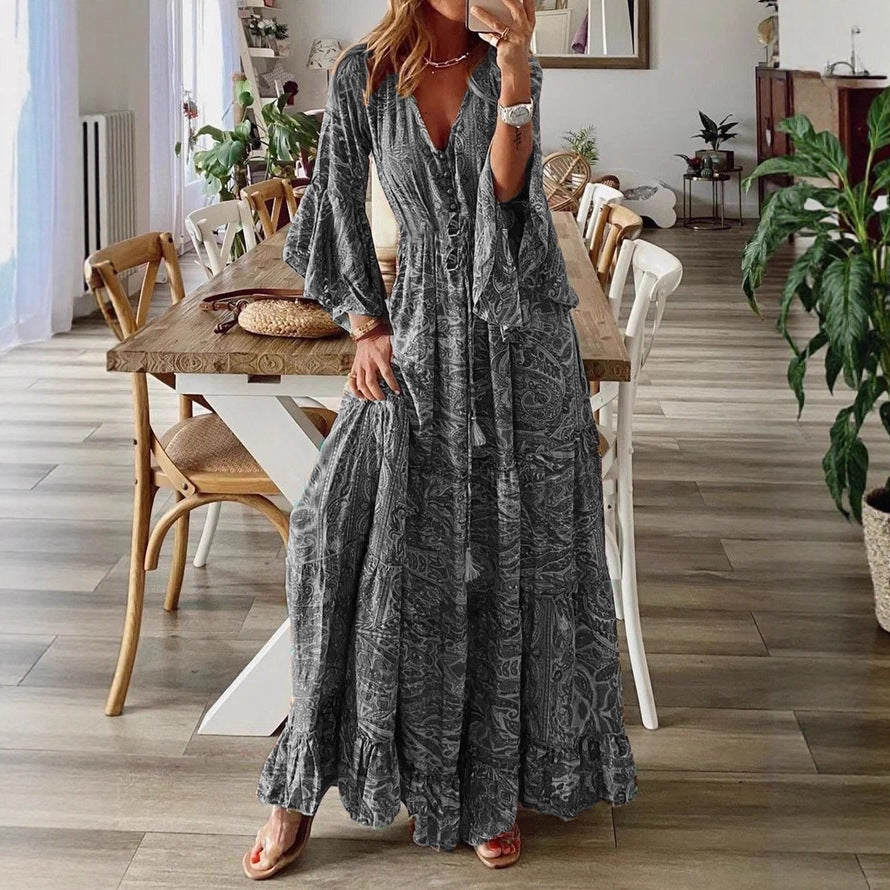 Bohemian Flare Sleeve Printed High Waist Holiday Dress