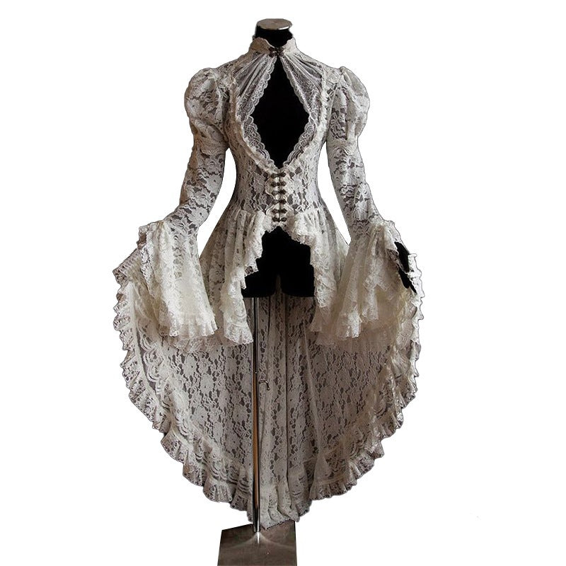 Vintage Lace Medieval Court Party Stitching Swallowtail Bell Sleeve Stand Clothing