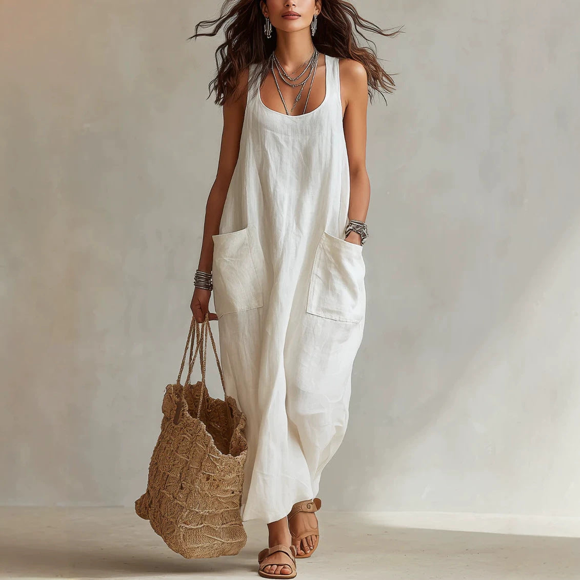 Women's Summer Elegant Casual With Big Pockets Strap Dress