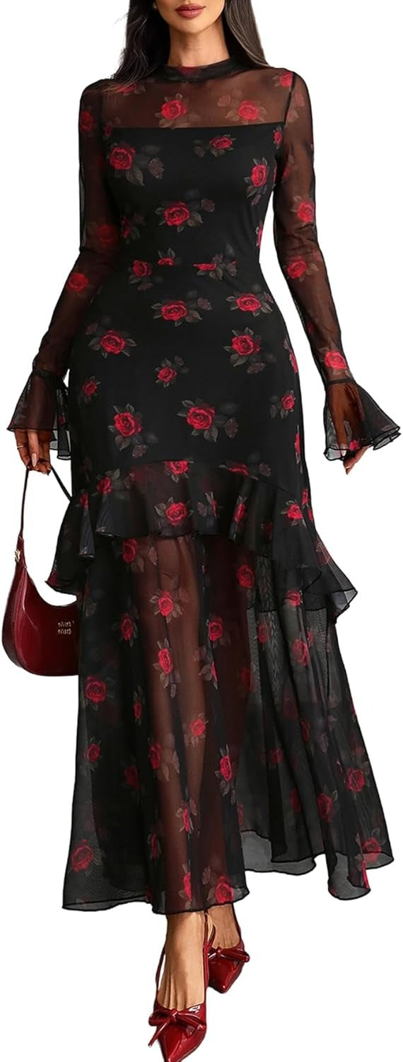 Women's Printed Black Ruffle Sleeve Plant Floral Print Dress