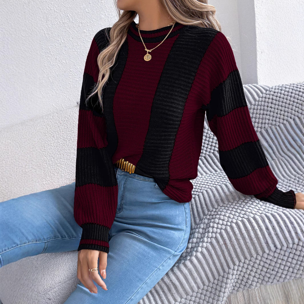 Women's Casual Contrast Color Striped Lantern Long Sleeve Sweater