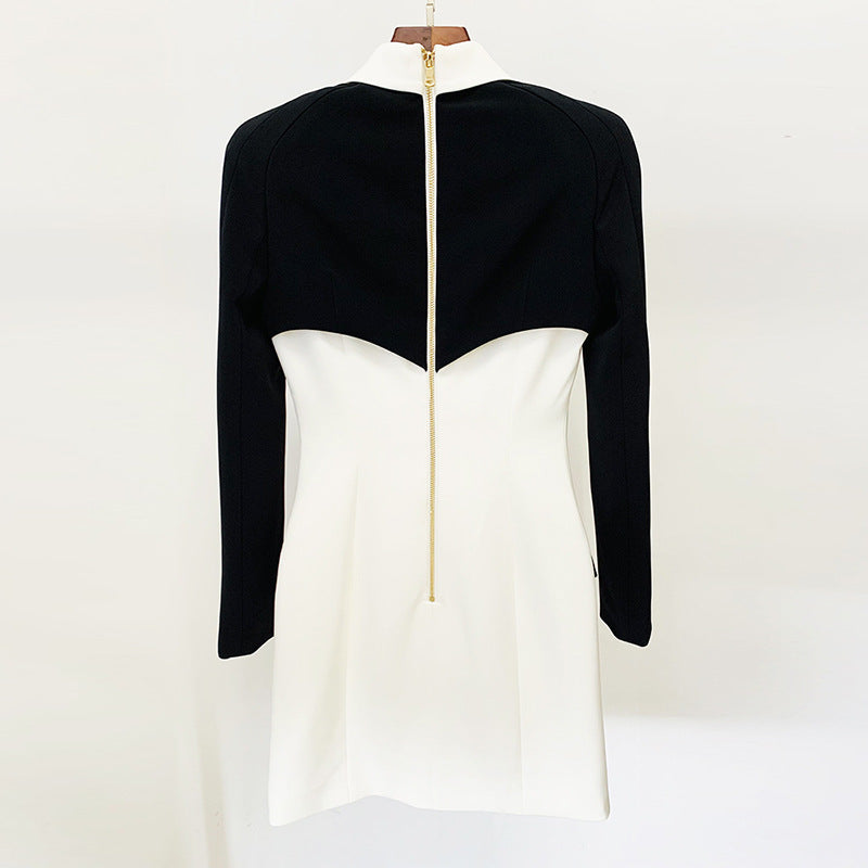 Black White Color Matching Contrast Shirt Collar Slim Dress