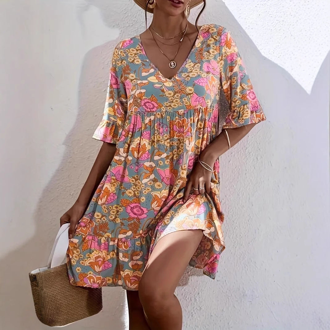 Women's Summer Casual Flower Print Bohemian Style Dress