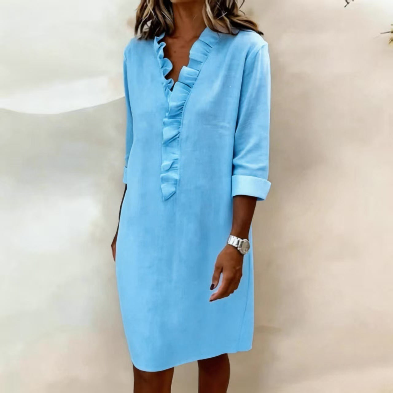 Women's Slimming Wooden Ear Long Sleeve Cotton Linen Dress