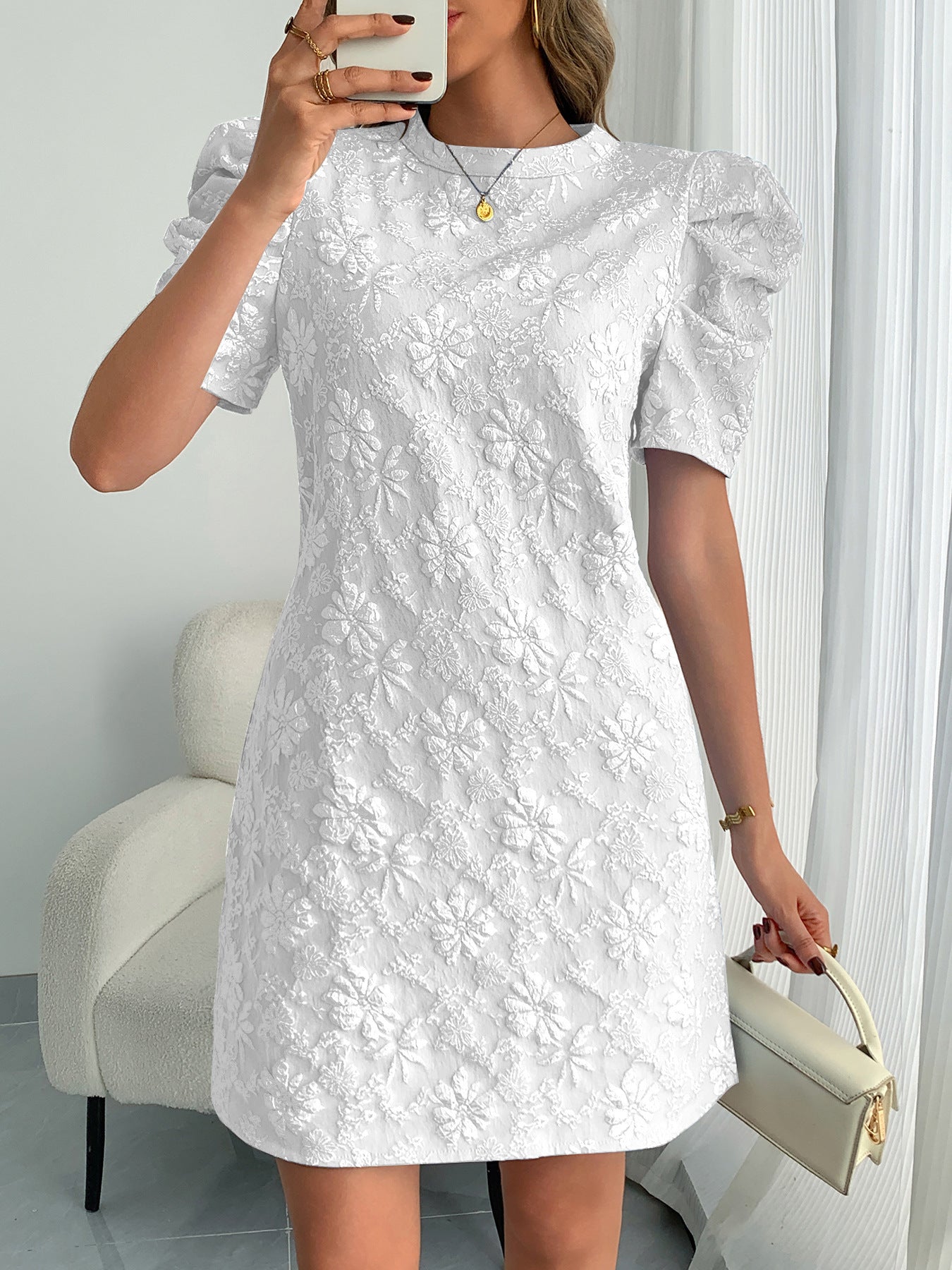 Women's Summer Bubble Sleeve Texture Jacquard Round Neck Dress