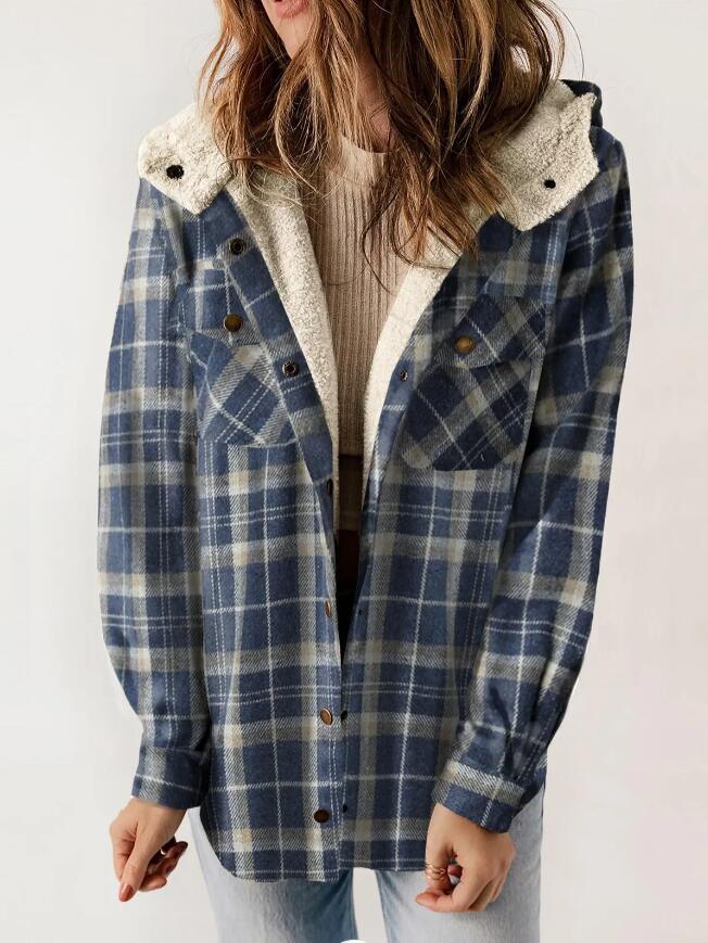 Women's Plaid Long Sleeve Furry Hooded With Coats