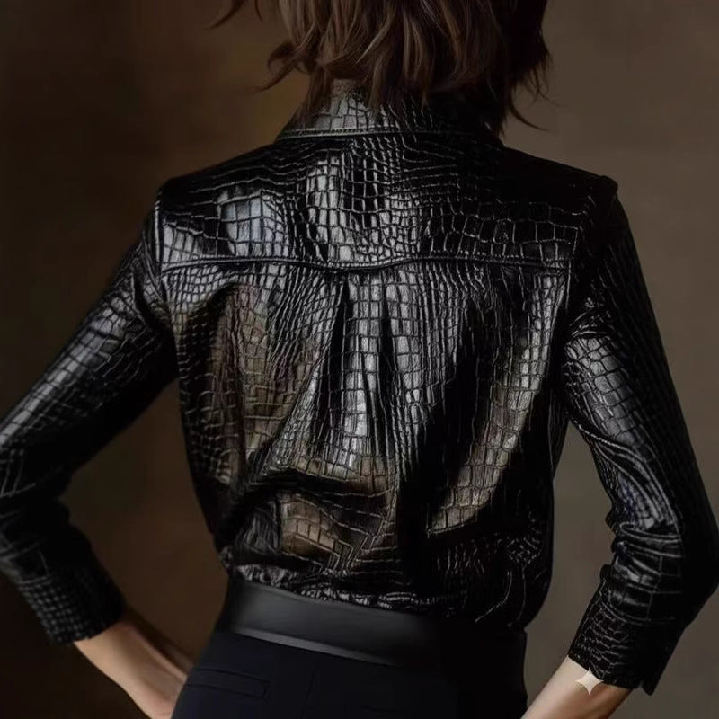 Women's Fashion Long Sleeve Shirt Glossy Serpentine Blouses