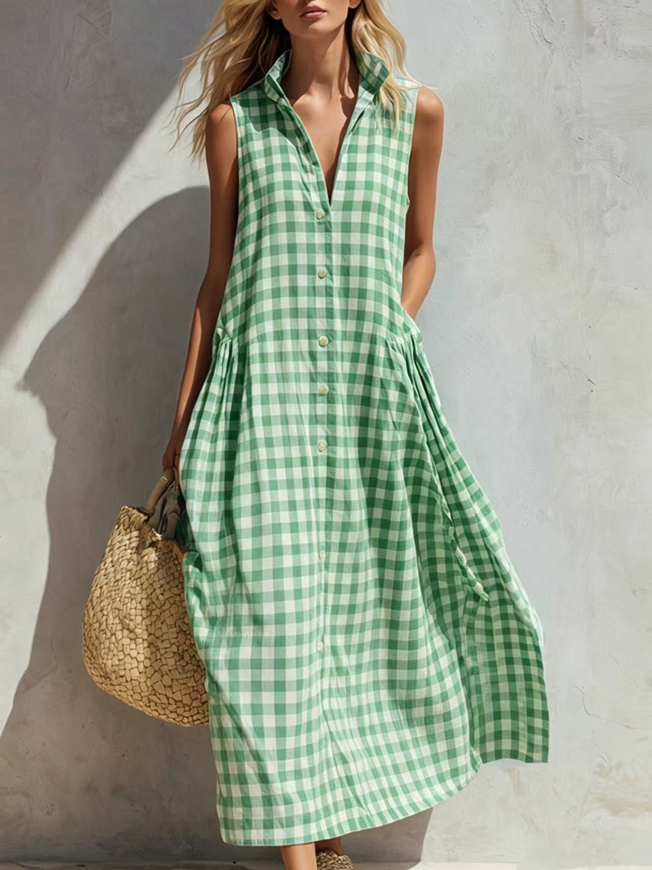 Sleeveless Summer Vacation Style Seaside Plaid Loose Dress