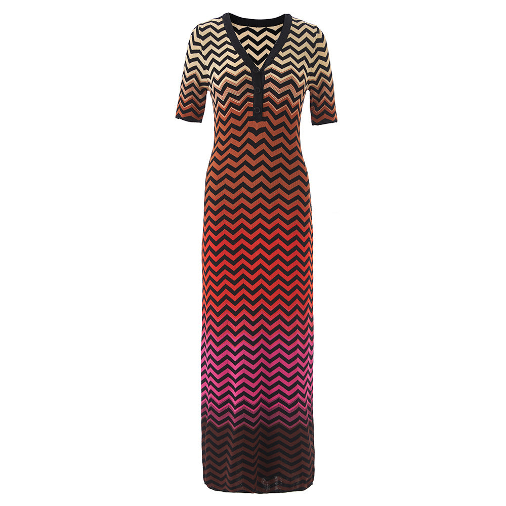 Stripe Wave Pattern Gradient Knitted Dress Contrast Dresses