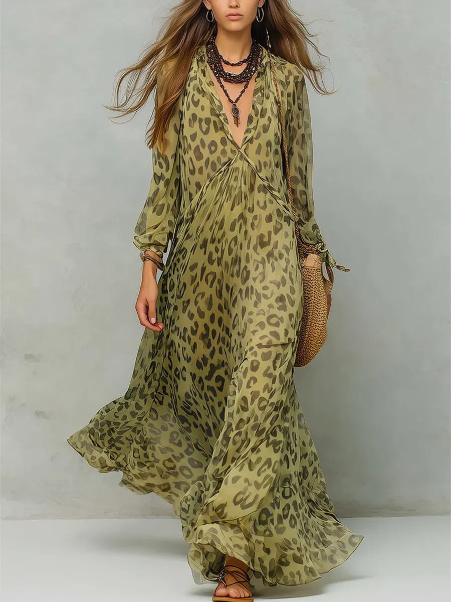 Women's Leopard Print Chiffon Long Sleeve Deep Dress