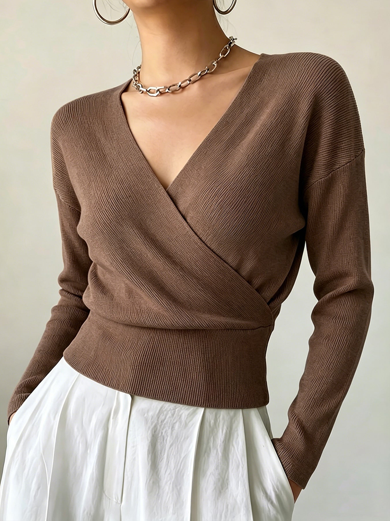 Women's Solid Color Fashion Cross Collar Tight Waist Design Show Figure Sweaters