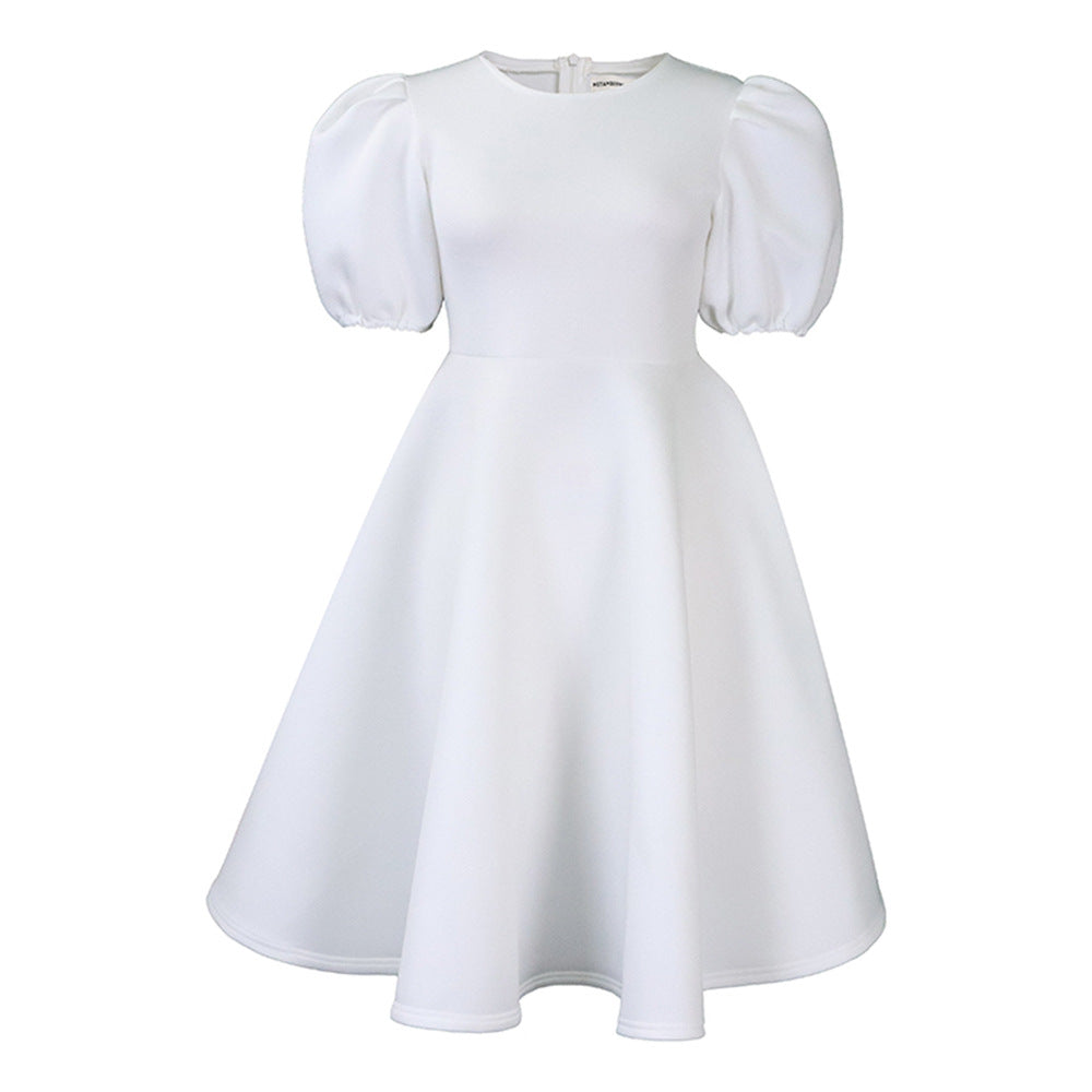Neck Graceful Puff Sleeve Large Hem Dress