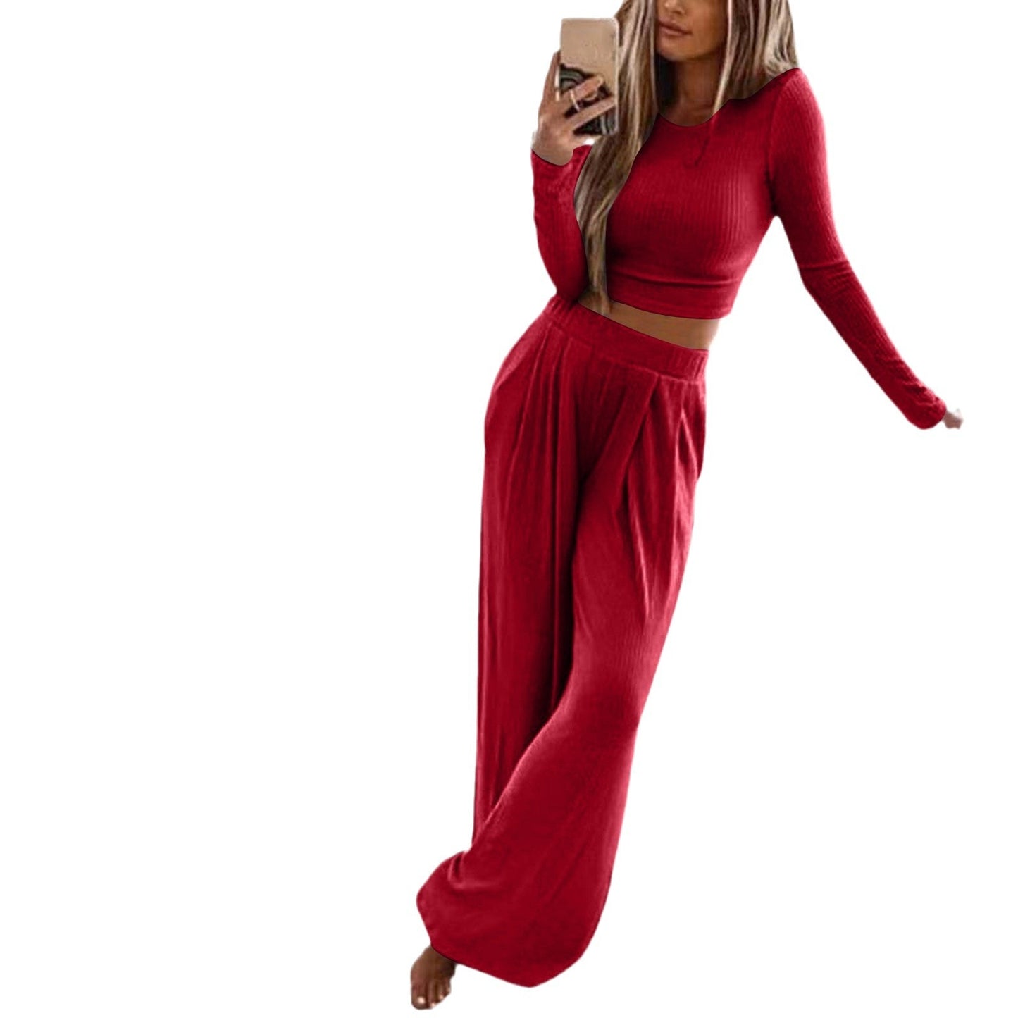 Women's Solid Color Knit Home Two-piece For Suits