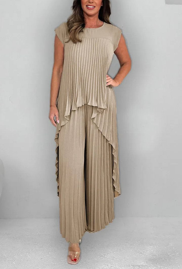 Women's Plain Color Sleeve Pleated Straight Two-piece Suits