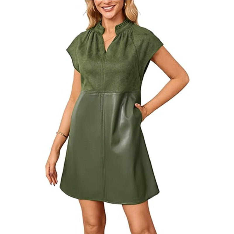 Women's Contrast Color Leather Stitching Collar Cover Dress
