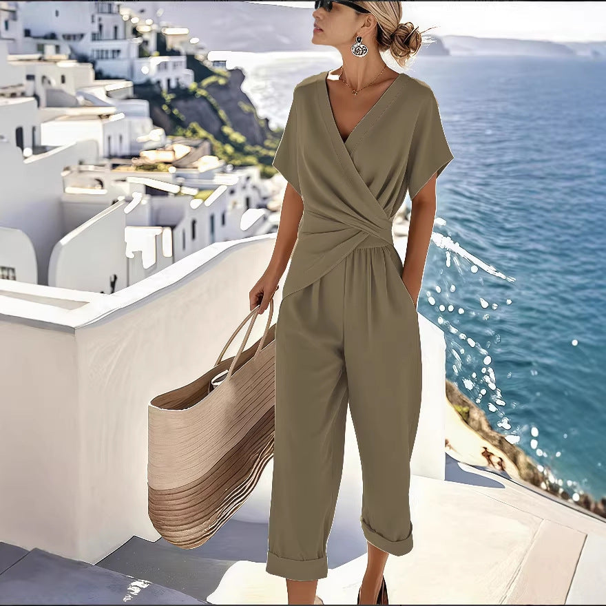 Women's Summer Solid Color Irregular Sleeve Shorts
