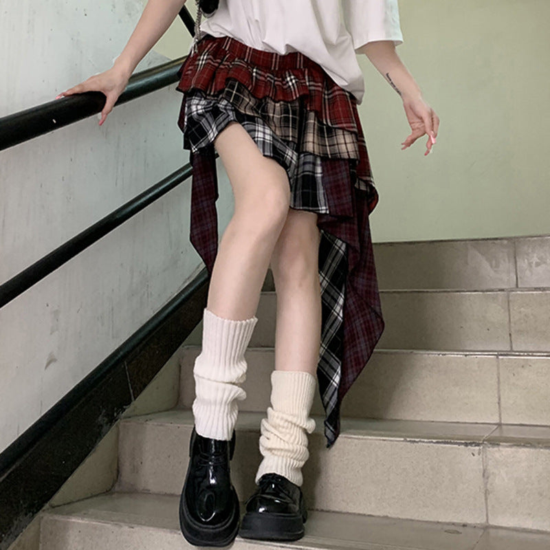 Women's Style Niche Design Stitching Plaid Irregular Contrast Color Skirts