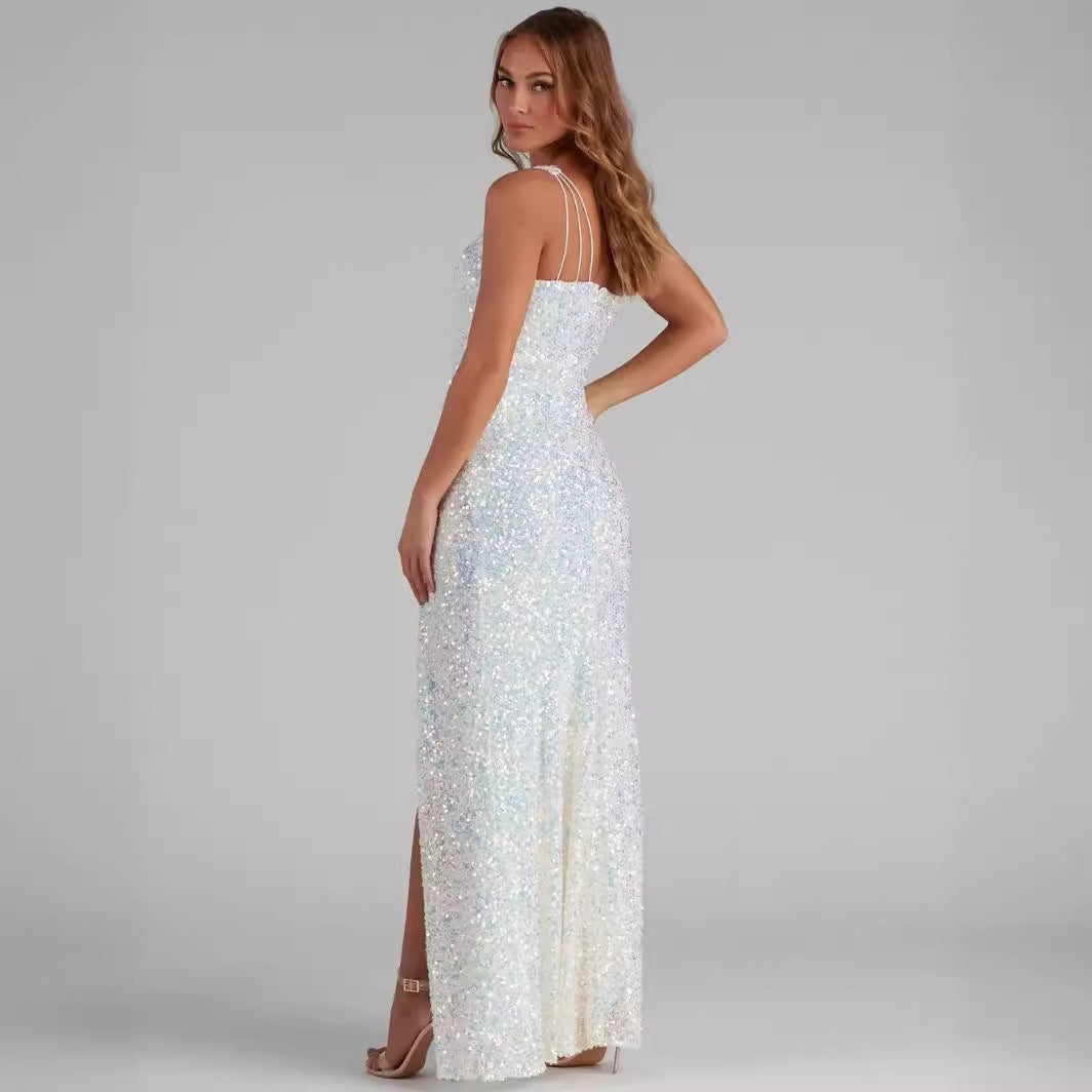 Sequined Sleeveless Slit Shoulder Belt Tight Evening Dresses
