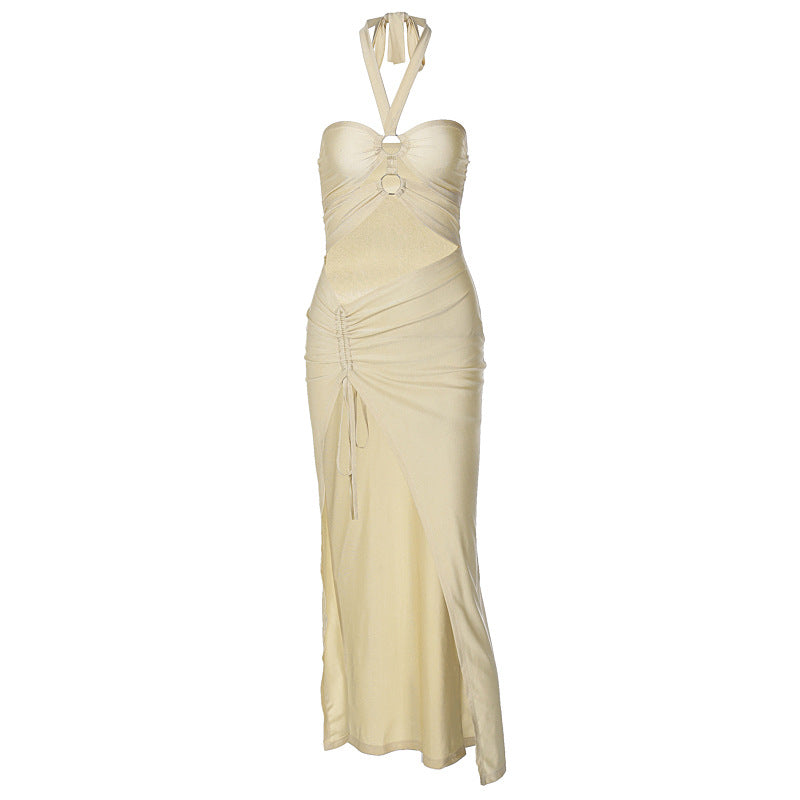 Women's Summer Solid Color Chest Wrap Halter Ring Connection Hollow Dresses