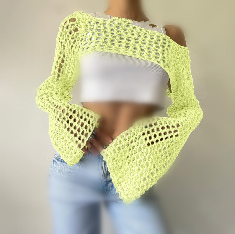 Women's Crochet Casual Bell Sleeve Sexy Mesh Women's Sweater