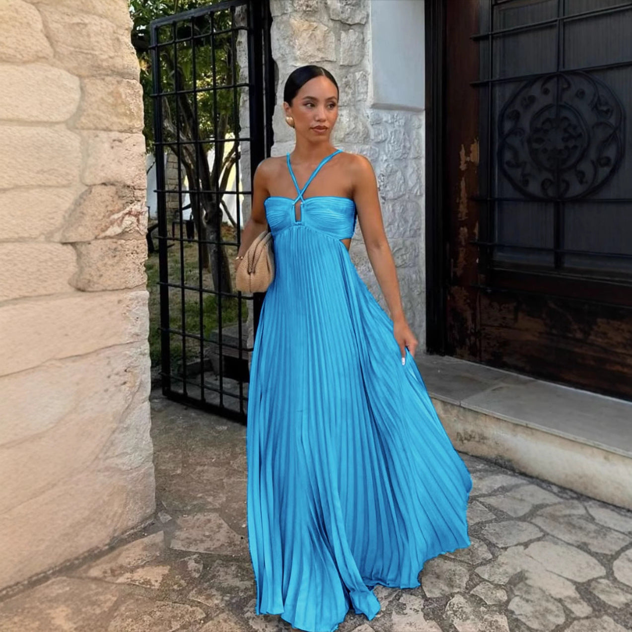 Summer Pure Color Pleated Sleeveless Suspender Dresses