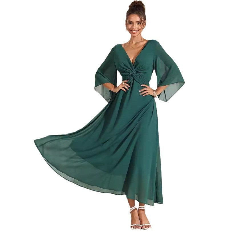Solid Color Collar Bell Sleeve Maxi Party Dress