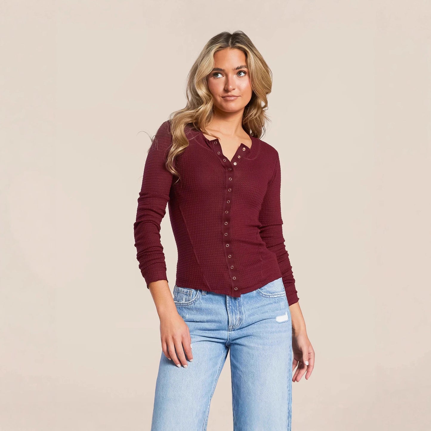 Women's Sleeve Round Neck Button Rib Pure Color Women's Sweater