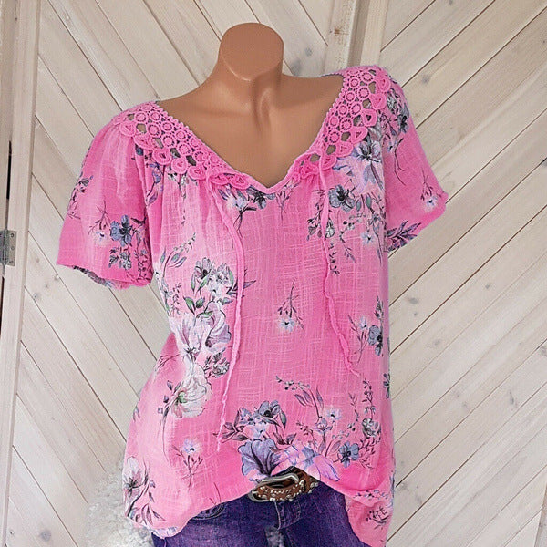 Glamorous Summer Lace Printed Short-sleeved T-shirt Tops