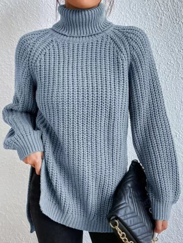 Women's Mid-length Raglan Sleeve High Lapel Split Knitwear