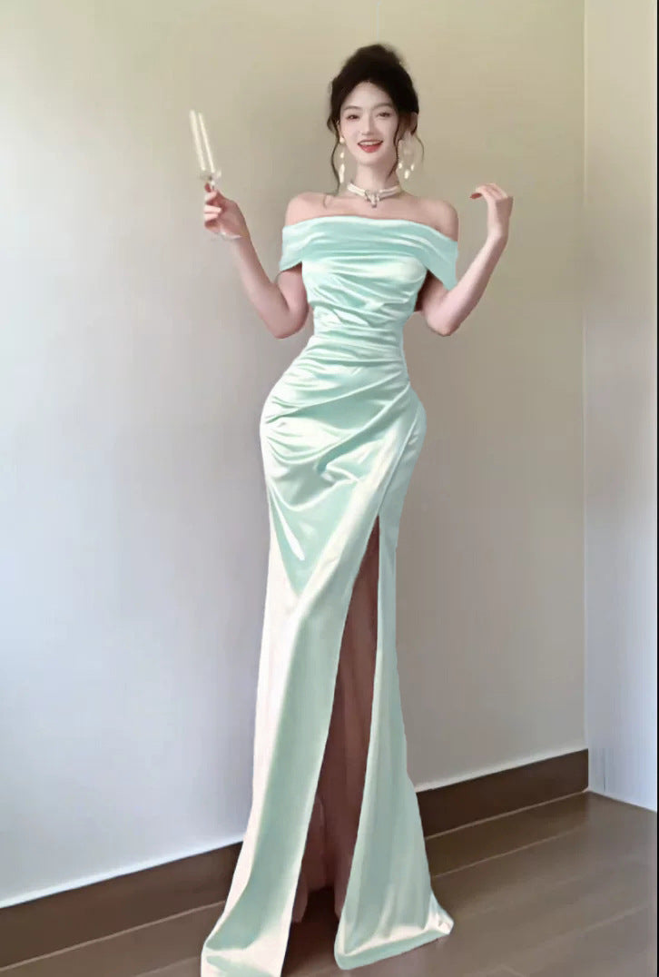 French Style Gown Satin Texture Slit Dress