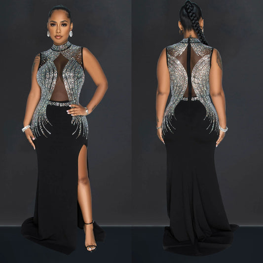Women's Wear Pure Color Mesh Hot Drilling Split Dresses