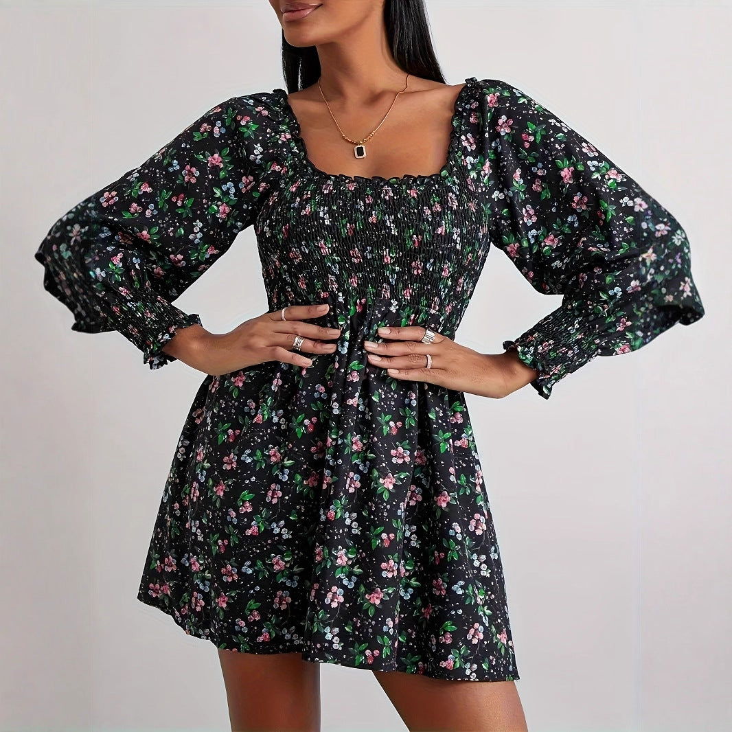Women's Retro Lantern Long Sleeve Smocking Waist Trimming Dress