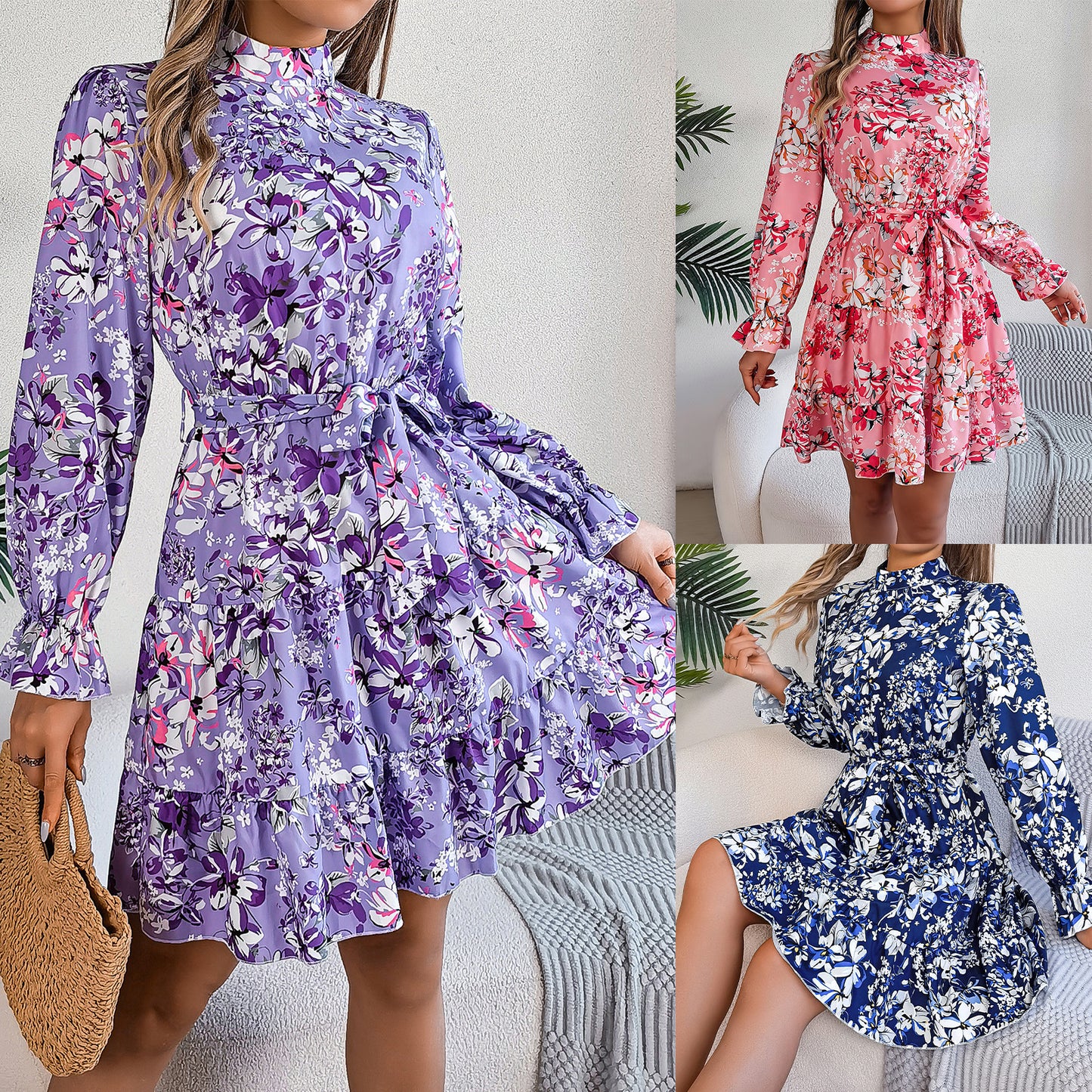 Women's Clearance Elegant Stand Collar Flower Long Sleeves Ruffled A- Dress