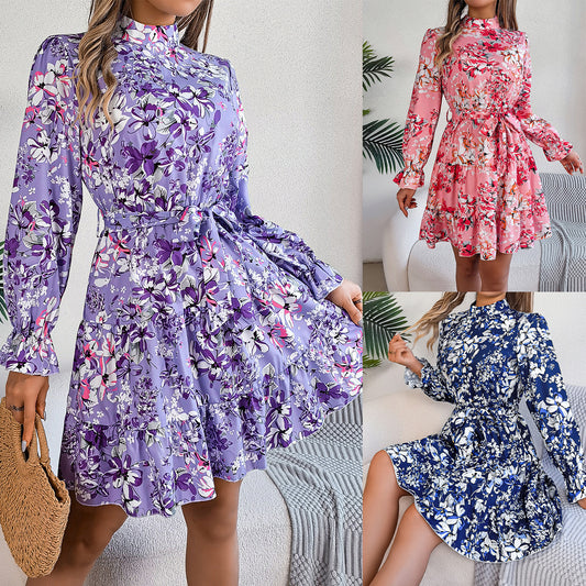Women's Clearance Elegant Stand Collar Flower Long Sleeves Ruffled A- Dress