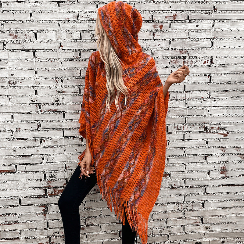 Women's Colorful Striped Hooded Knitted Tassel Cape Shawl Sweaters