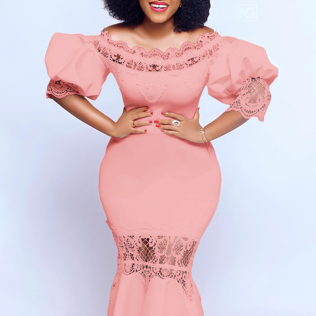 Women's Puff Sleeve Lace Stitching Banquet Fishtail Dress
