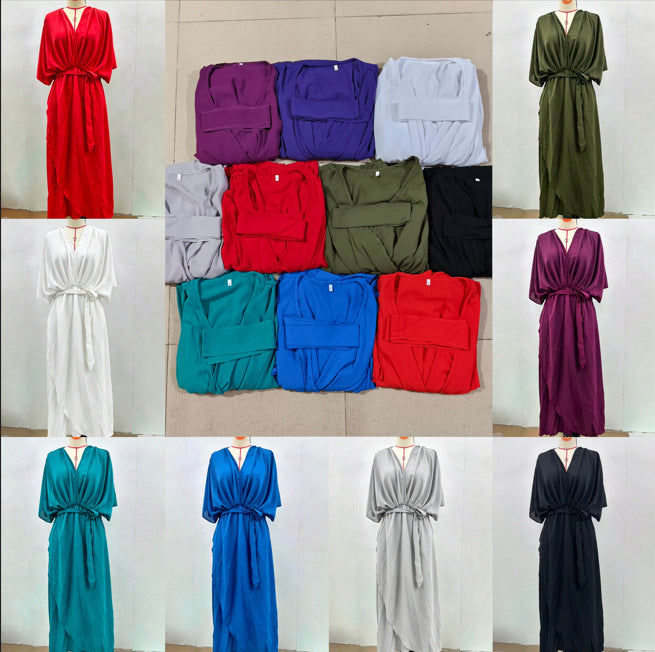 Women's Pure Color Tied Long Batwing Sleeve Dress