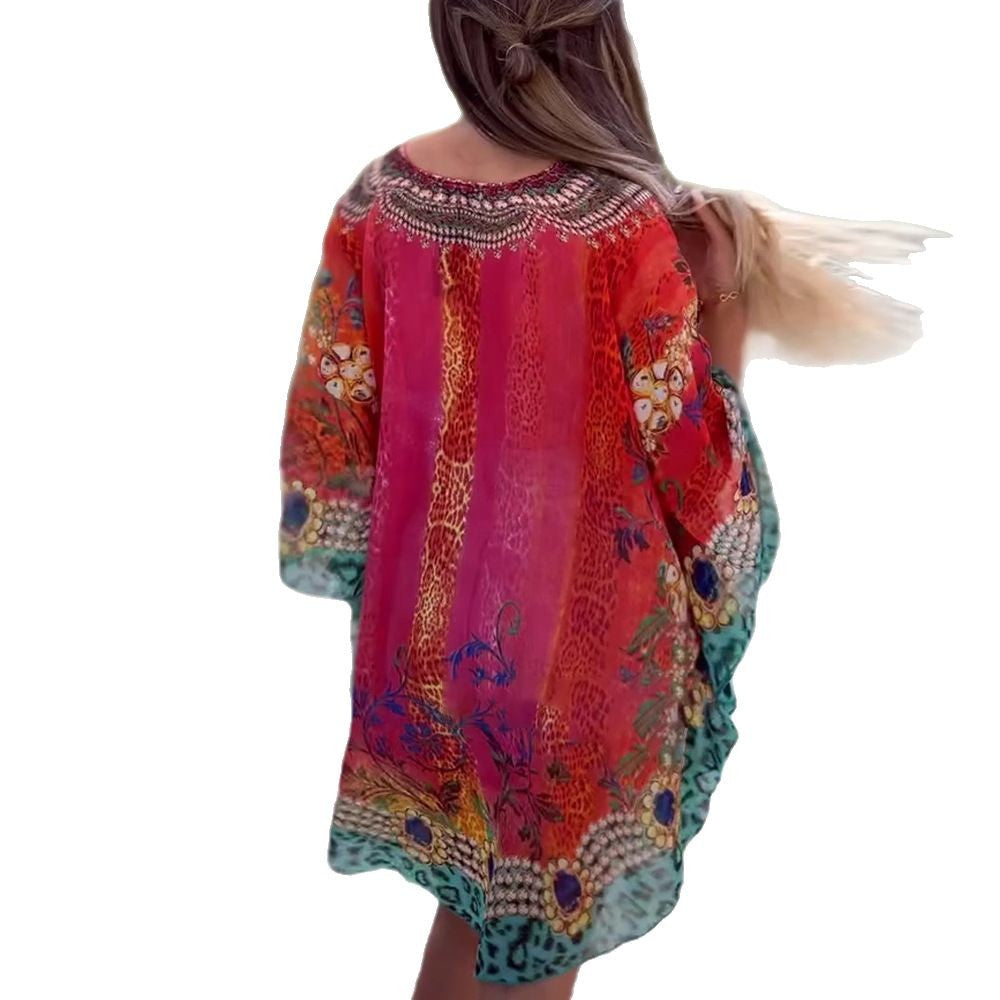 Women's Spring Fashion Ethnic Print Loose Smock Blouses