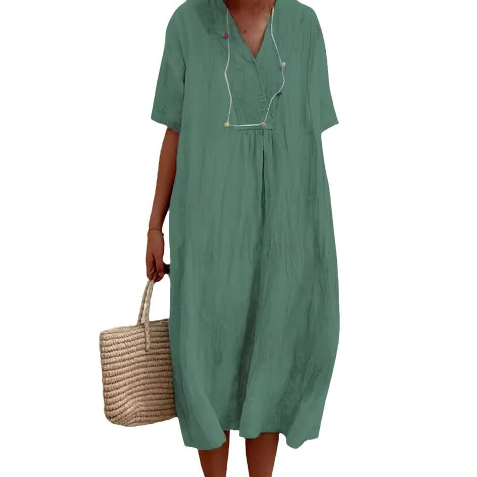 Women's Versatile Casual Solid Color Cotton Linen Dress