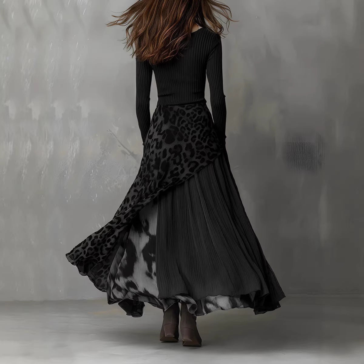 Stitching Leopard Print Elastic Waist Long Sleeve Big Hem Dress