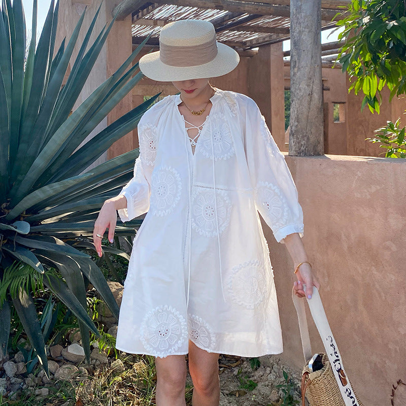 Women's White A- Line Texture French Style Vacation Dresses