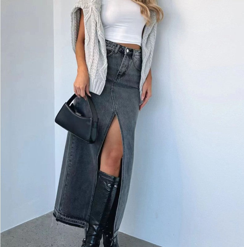 Women's High Waist Slit Design Denim Long Skirts