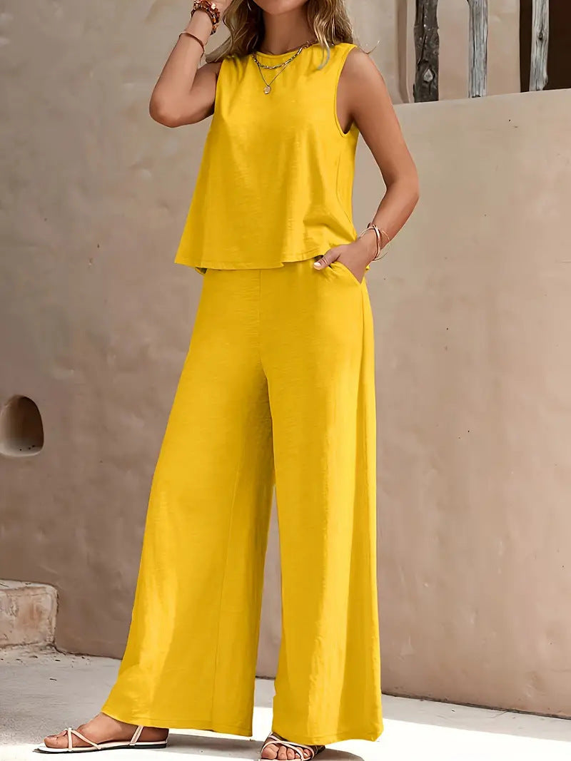 Women's Round Neck Wide Leg Cotton Linen Fashion Casual Suit