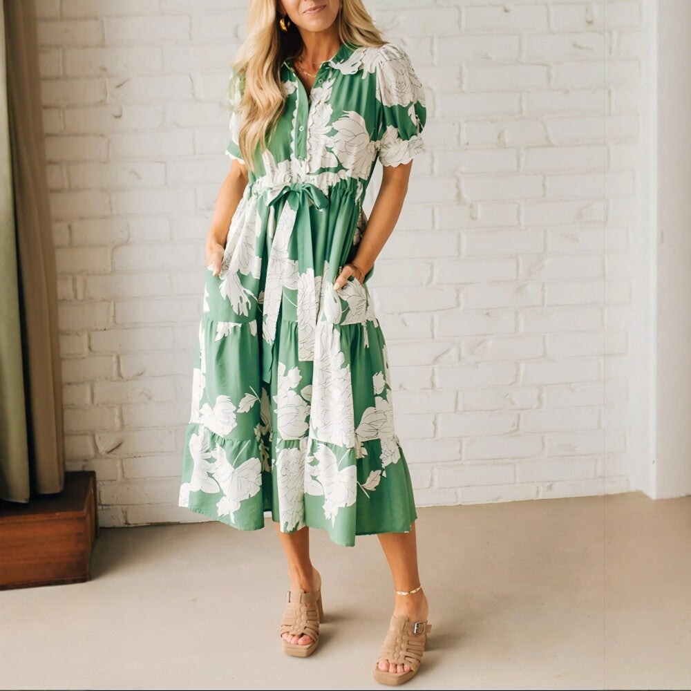 Lapel Print Ribbon Stitching Bohemian Holiday Dress