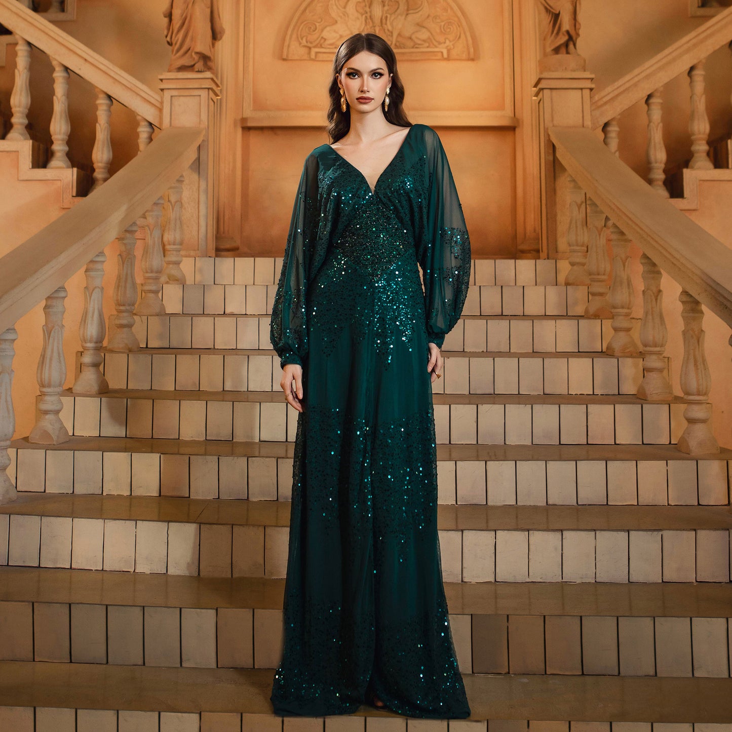 Women's French Style Long Dress Sleeve Sequined Dresses