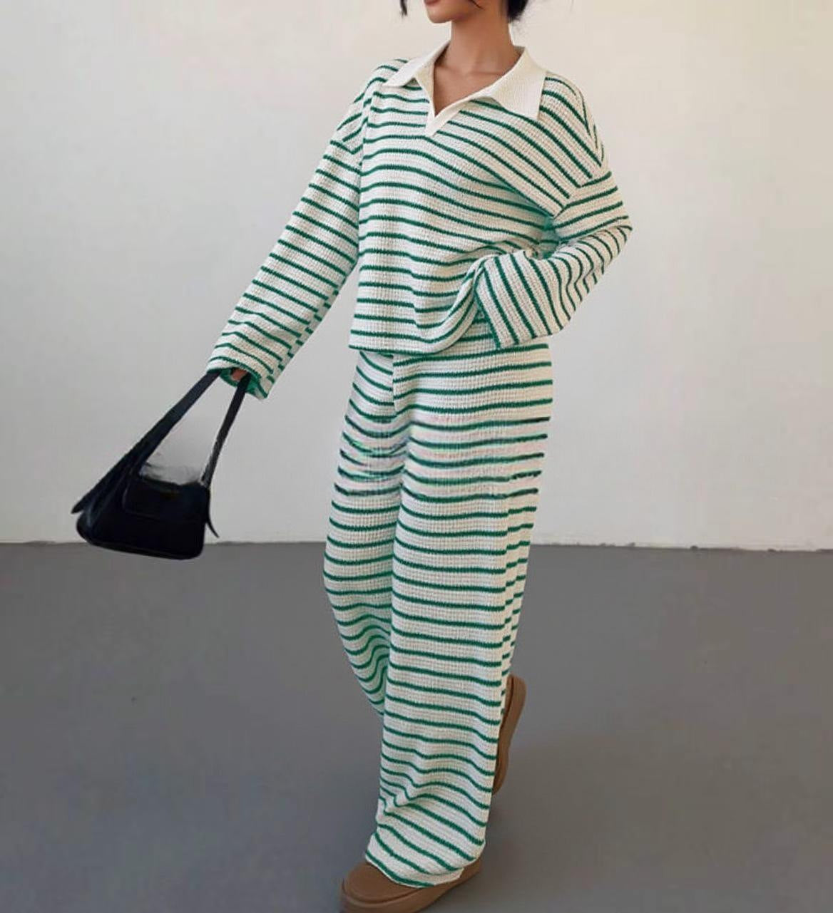 Women's Stripes Contrast Color Long Sleeve Trousers Fashion Casual Suit