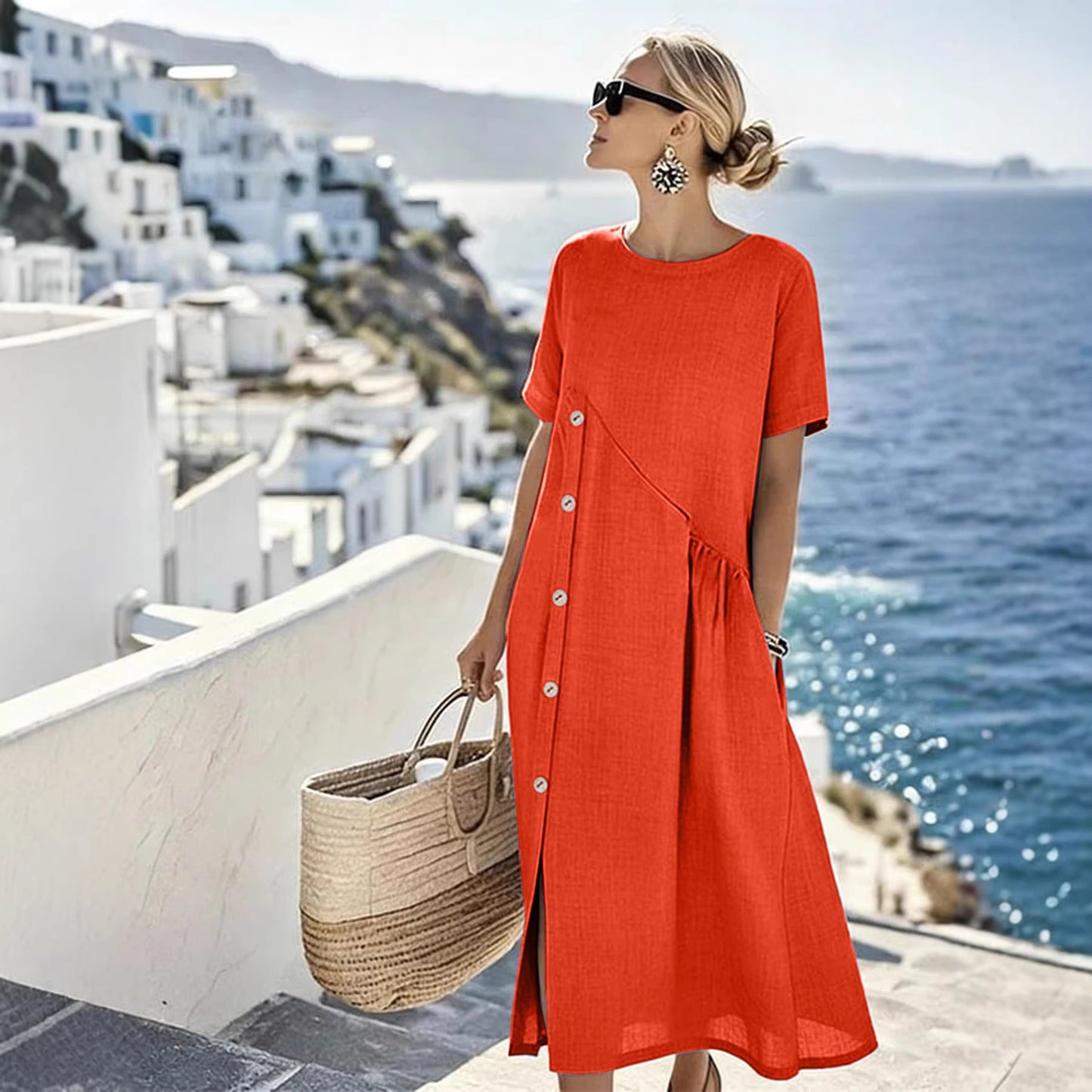 Casual Fastener Decoration Fold Pocket Mid-length Dress