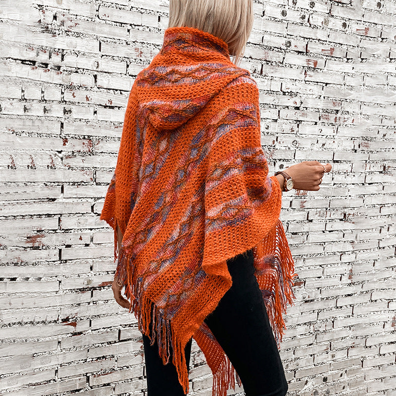 Women's Colorful Striped Hooded Knitted Tassel Cape Shawl Sweaters